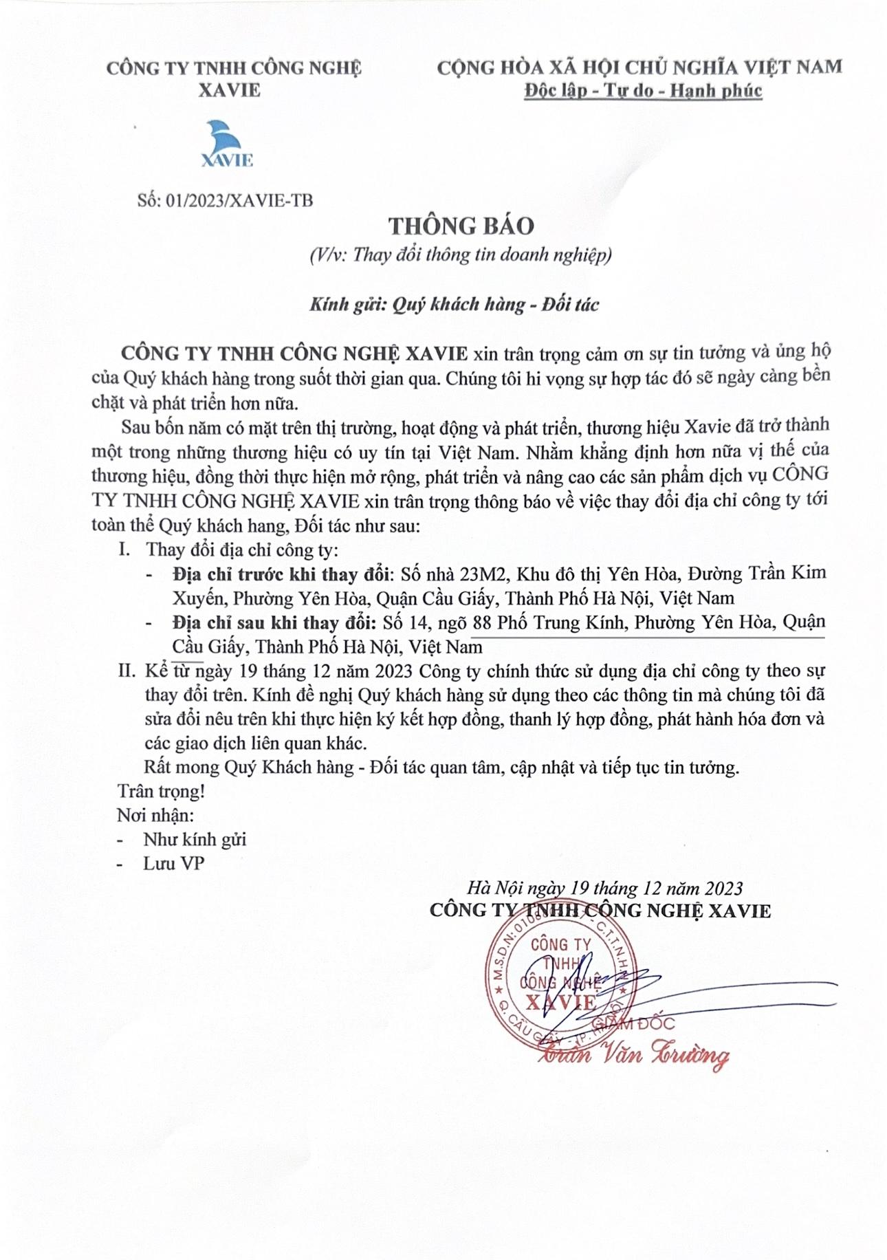 THÔNG BÁO: THAY ĐỔI ĐỊA ĐIỂM VĂN PHÒNG LÀM VIỆC CÔNG TY TNHH CÔNG NGHỆ XAVIE